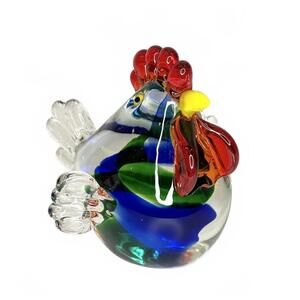 Vintage Hand Blown Art Glass Chicken Figurine Blue Green Murano Style